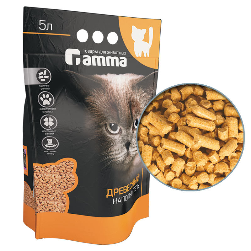 Gamma наполнитель для кошачьих туалетов, древесный, впитывающий (крупные гранулы)