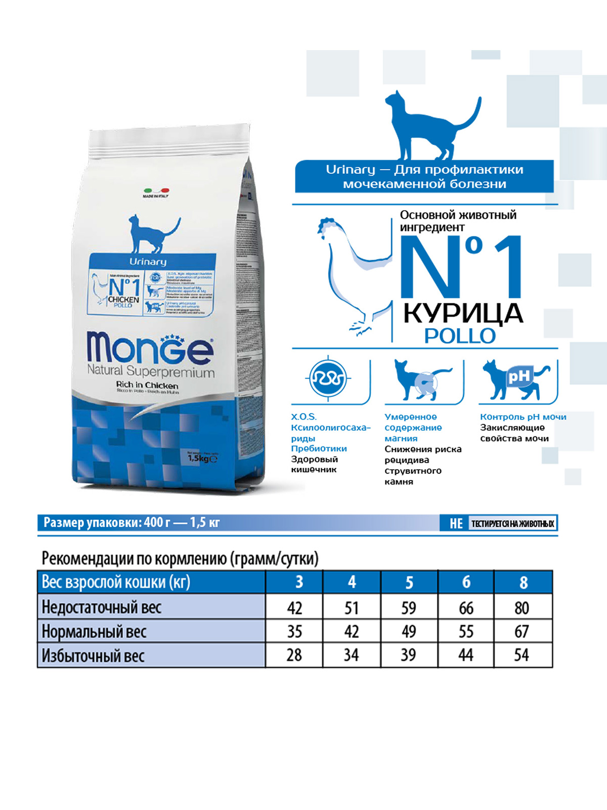 Monge Cat Urinary корм для кошек всех возрастов и пород, профилактика МКБ, курица и рис / 400 гр