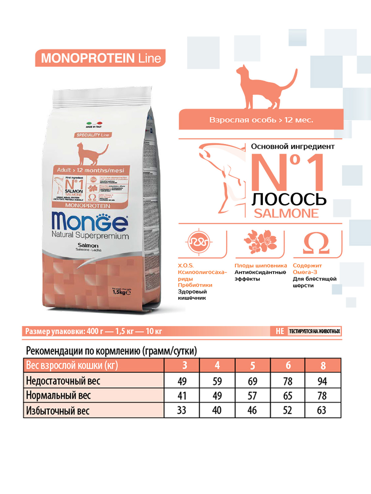 Monge Cat Monoprotein корм для взрослых кошек всех пород, лосось / 400 гр