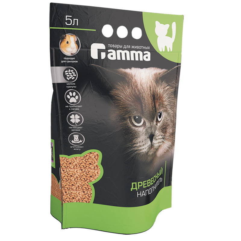 Gamma наполнитель для кошачьих туалетов, древесный, впитывающий (мелкие гранулы)