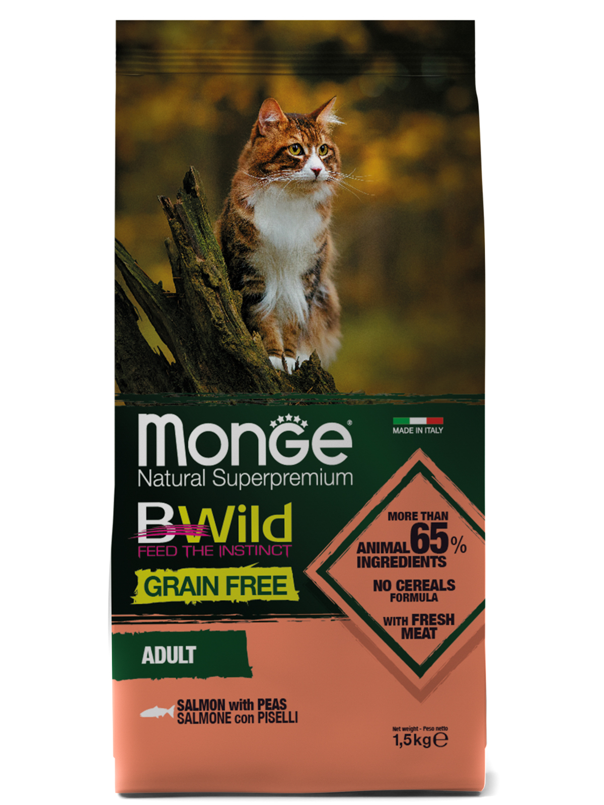 Monge Cat BWild Grain Free корм для взрослых кошек всех пород, беззерновой, лосось и горох (1,5 кг)