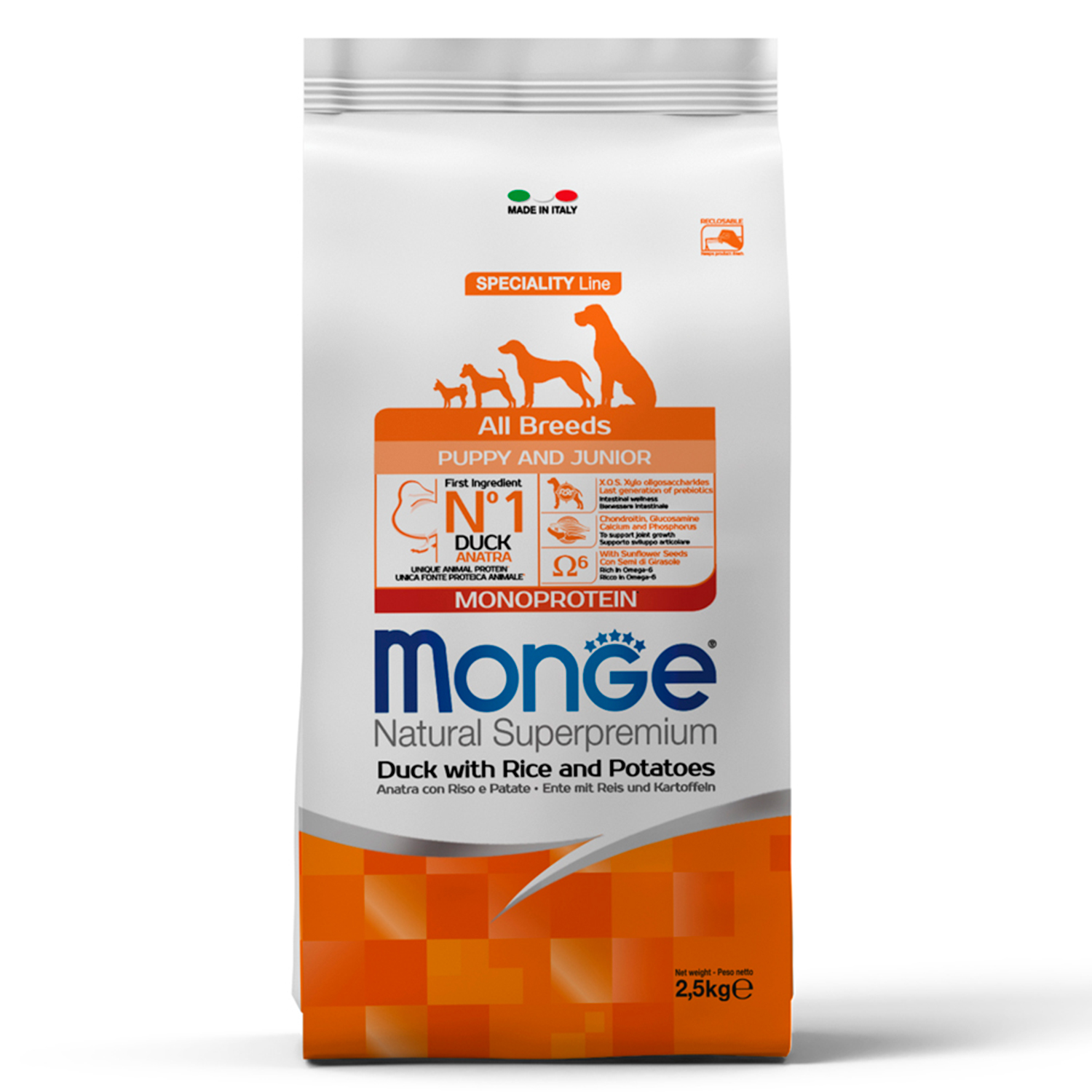 Monge Dog Speciality Line Monoprotein корм для щенков всех пород, из утки с рисом и картофелем 2,5 кг