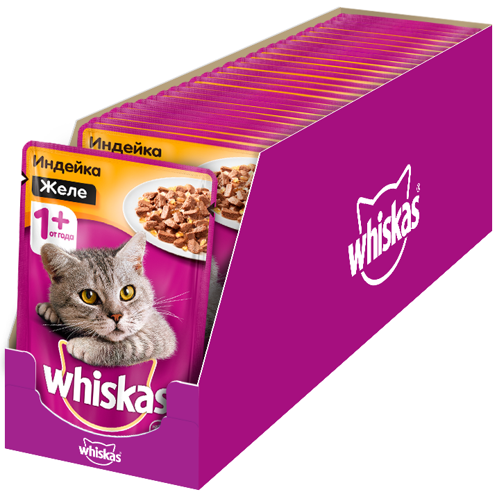 Whiskas влажный корм для взрослых кошек всех пород, индейка в желе (28шт в уп) (85 гр)