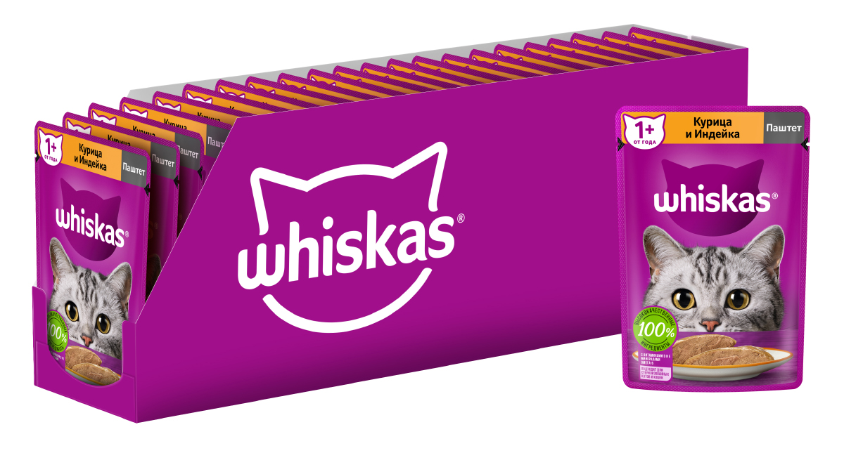 Whiskas влажный корм для кошек, паштет с курицей и индейкой (24шт в уп) (75 гр)