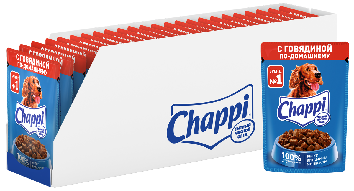 Chappi Сытный Мясной Обед, влажный корм для собак всех пород, говядина по-домашнему (28шт в уп) (85 гр)
