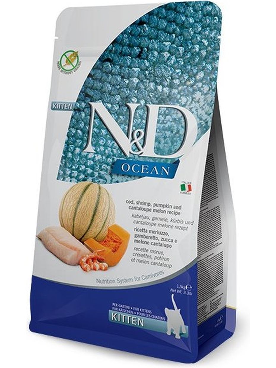 Farmina N&D Ocean корм для котят, беззерновой, треска, креветка, тыква и мускусная дыня (300 гр)