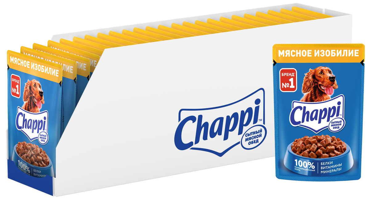 Chappi Сытный Мясной Обед влажный корм для собак, мясное изобилие (28шт в уп) (85 гр)
