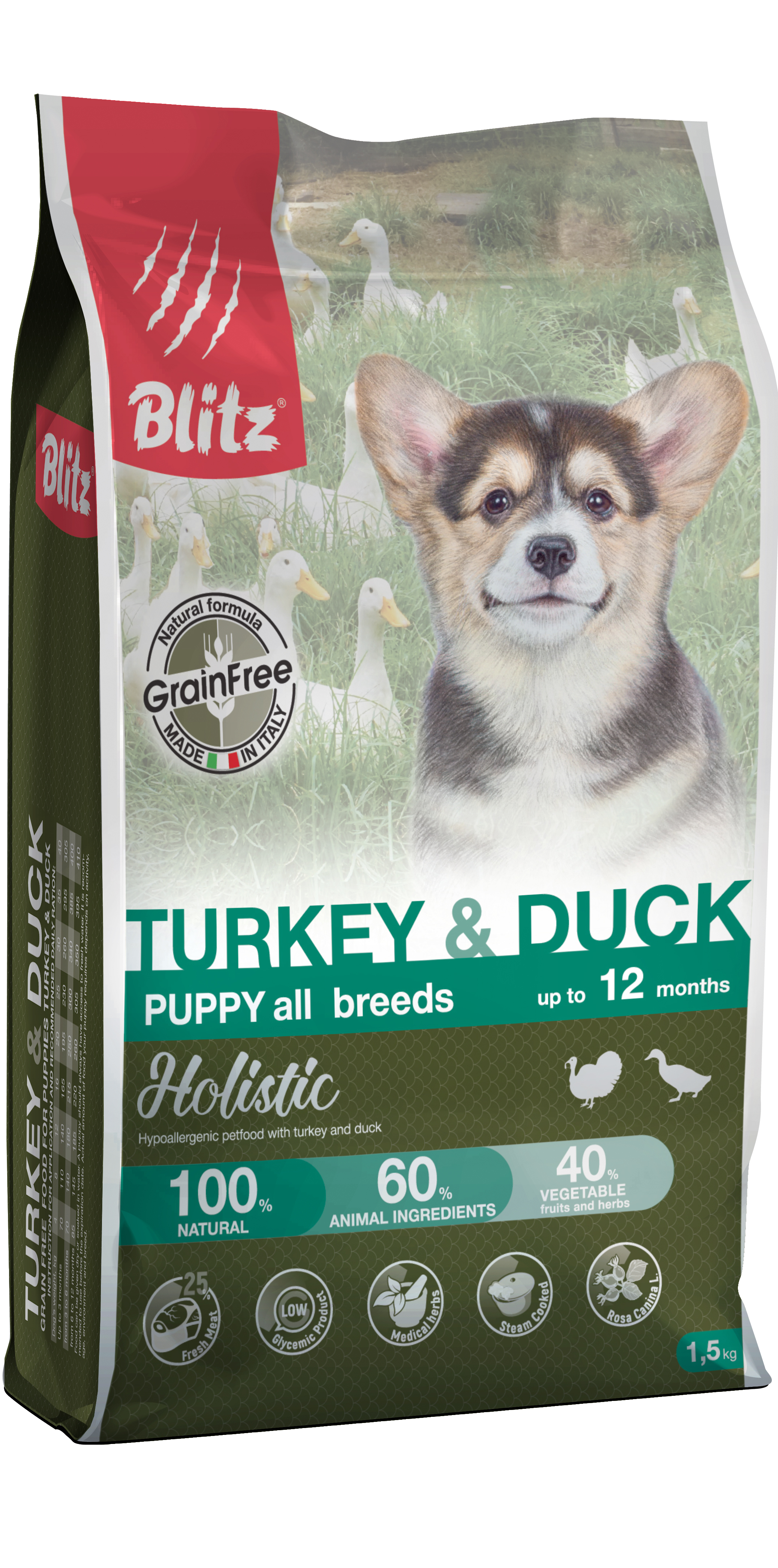 BDD34-1-01500 PUPPY TURKEY & DUCK 1.5kg face