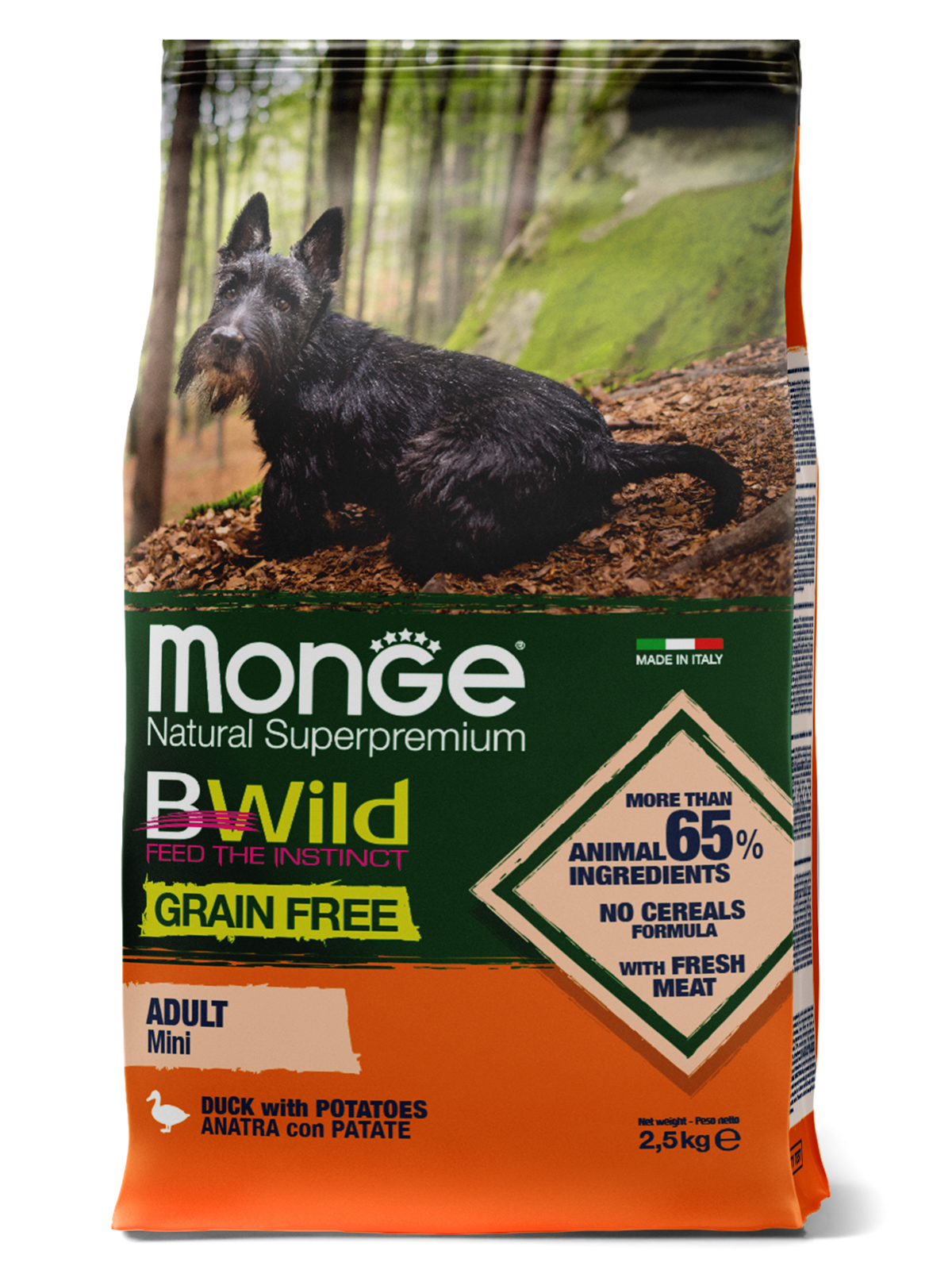 Monge Dog BWild Grain Free корм для собак всех возрастов малых пород, беззерновой, утка с картофелем (2,5 кг)