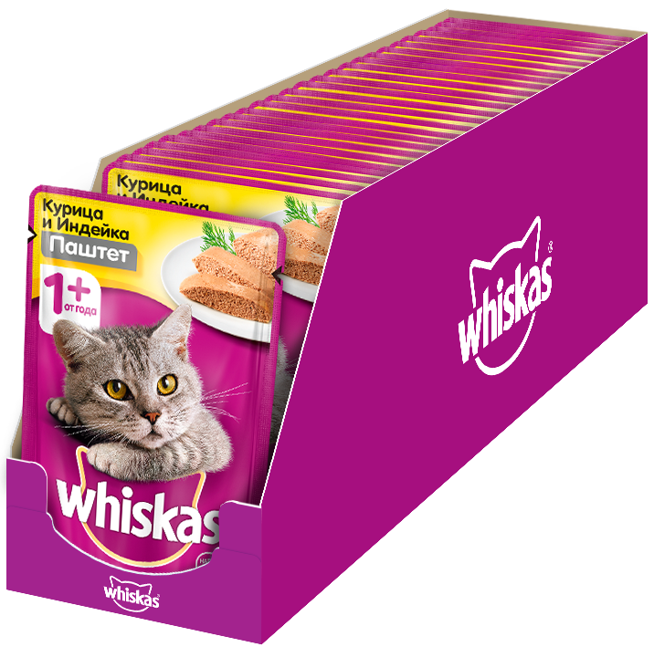 Whiskas влажный корм для взрослых кошек всех пород, мясной паштет из курицы с индейкой (85 гр)