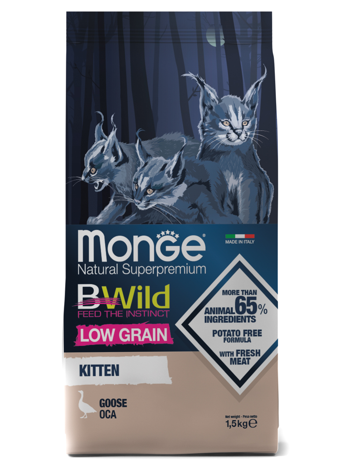 Monge Cat BWild Low Grain Kitten корм для котят, низкозерновой, мясо гуся (1,5 кг)