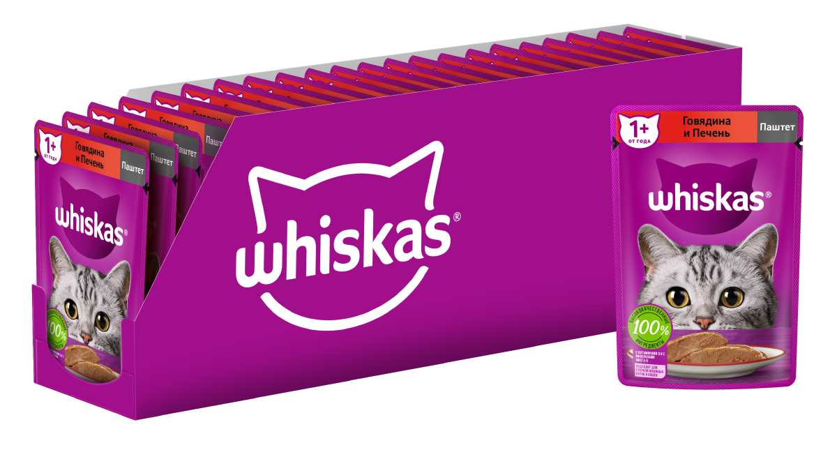 Whiskas влажный корм для кошек, паштет с говядиной и печенью (24шт в уп) (75 гр)