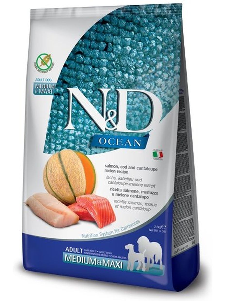 Farmina N&D Ocean корм для собак средних и крупных пород, лосось, треска и муксусная дыня (12 кг)