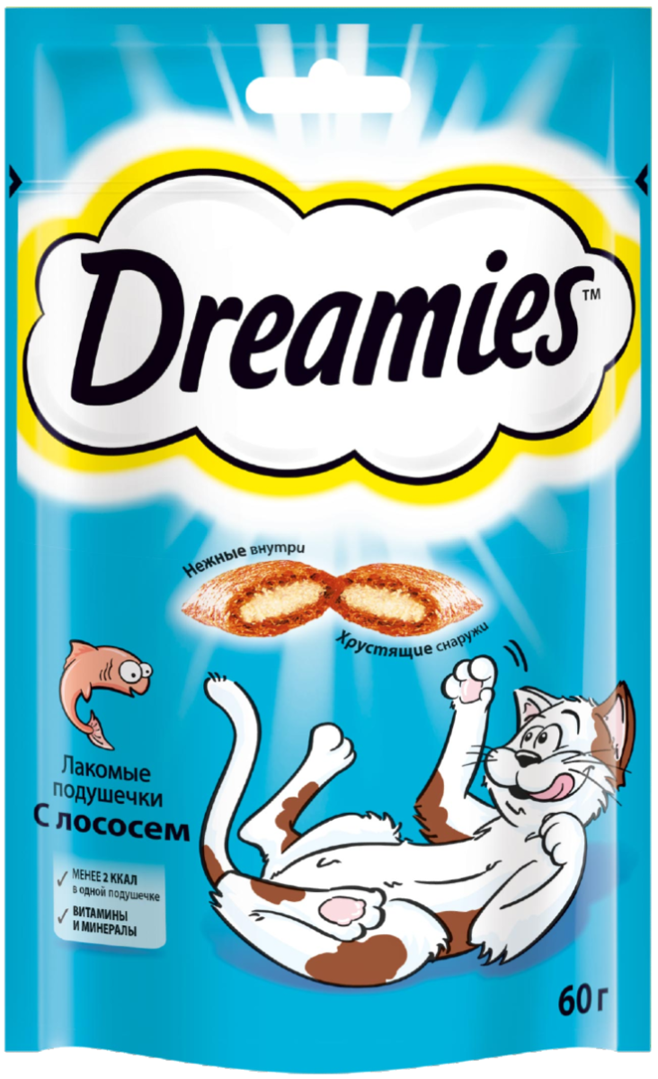 Dreamies лакомство для кошек, подушечки с лососем (6шт в уп) (60 гр)