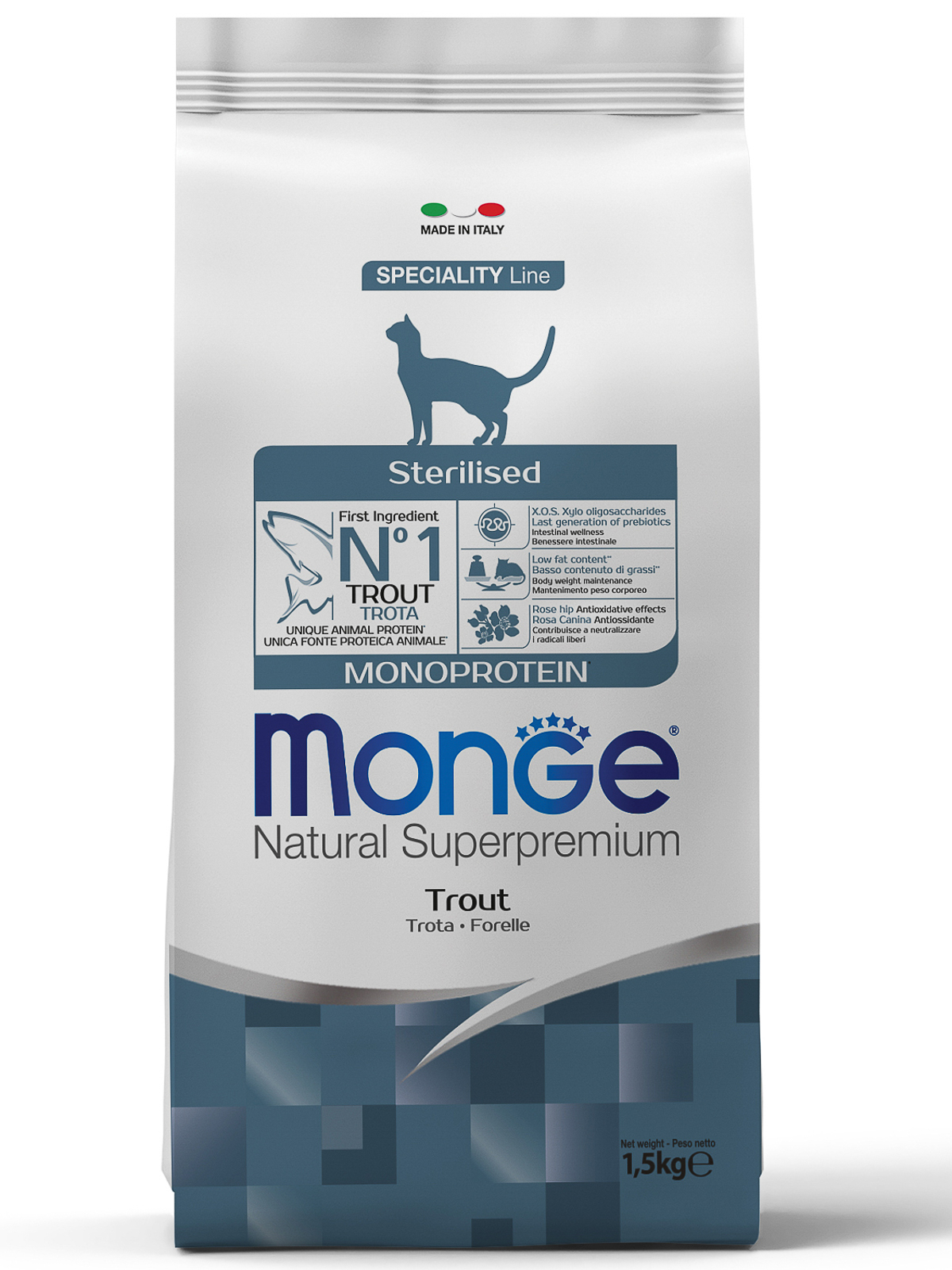 Monge Cat Monoprotein Sterilised корм для стерилизованных кошек всех пород, форель (1,5 кг)