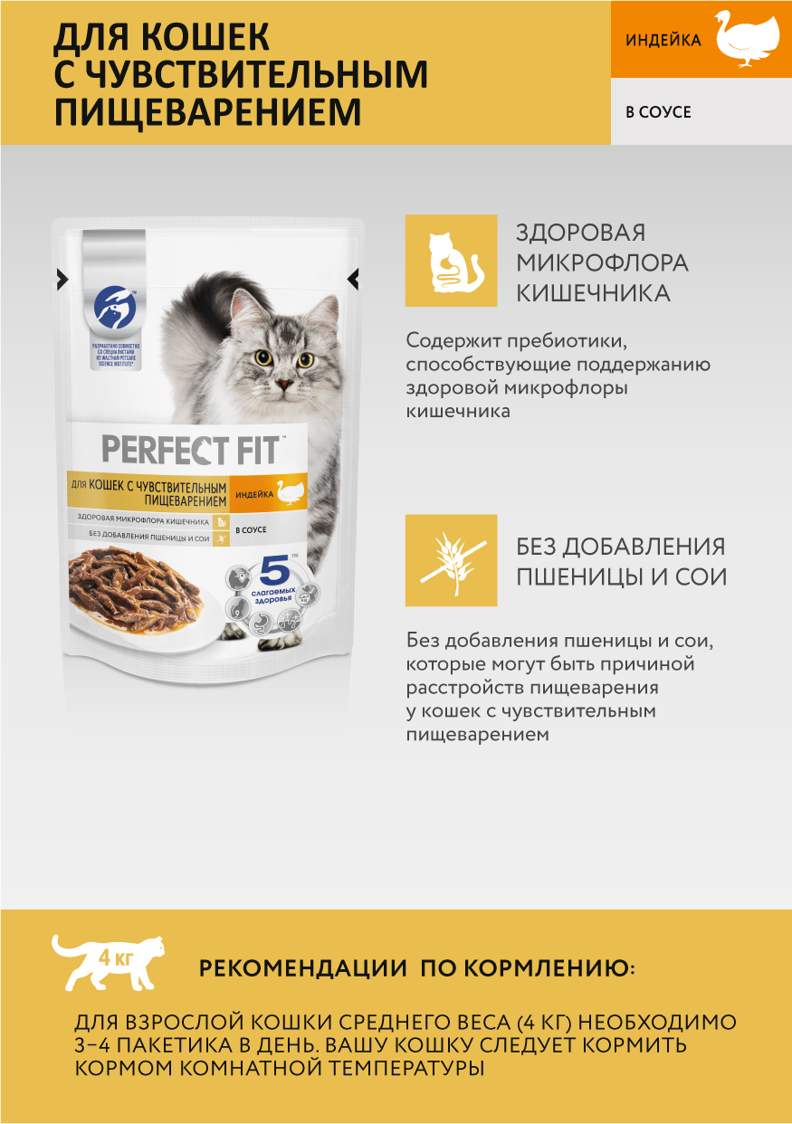 Perfect Fit влажный корм для кошек с чувствительным пищеварением, с индейкой в соусе (28шт в уп) / 75 гр