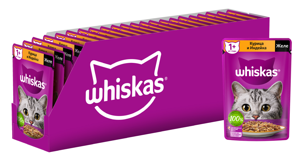 Whiskas влажный корм для кошек, желе с курицей и индейкой (28шт в уп) (75 гр)
