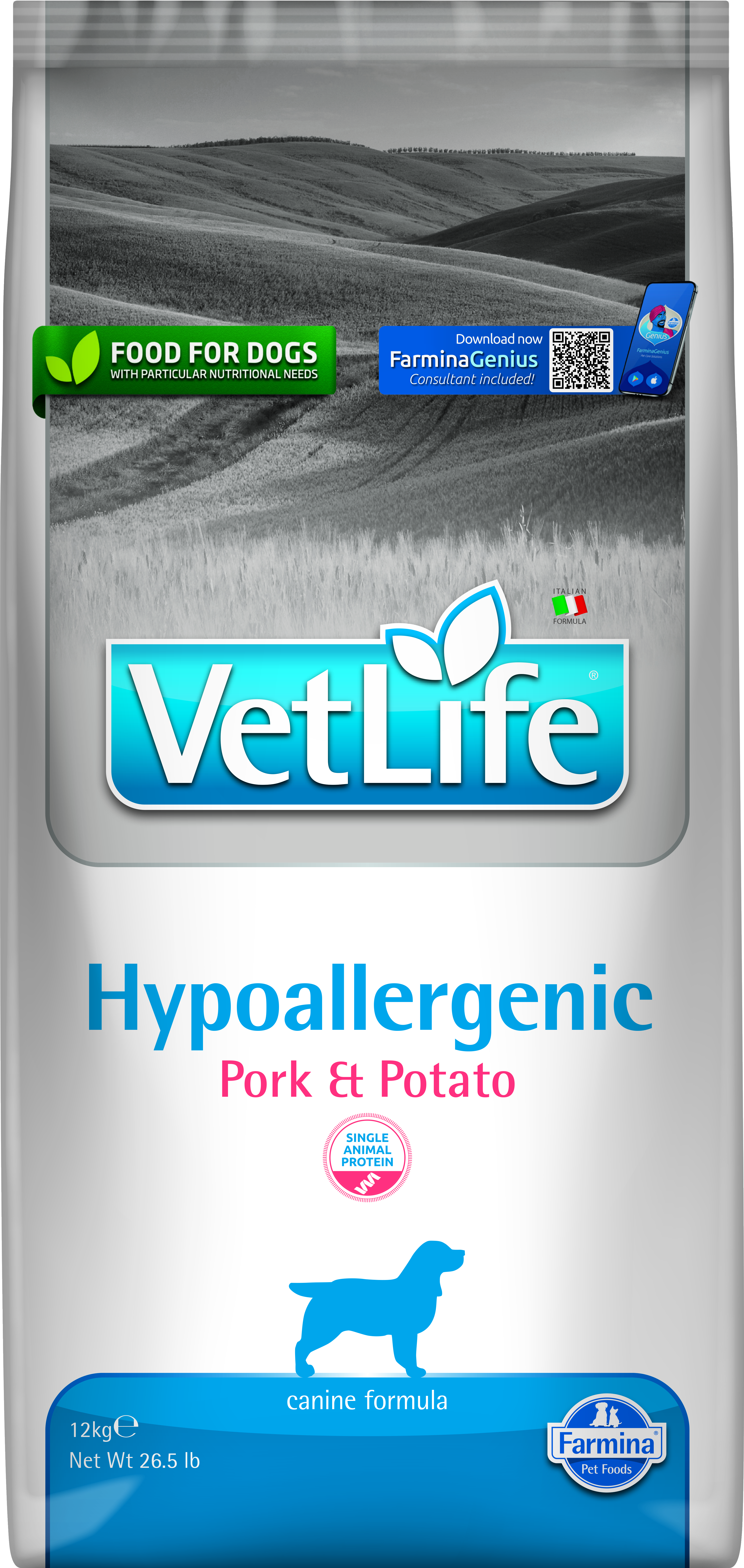 Farmina Vet Life canine 12kg HYPOALLERGENIC Pork & Potato [3D Front]@print