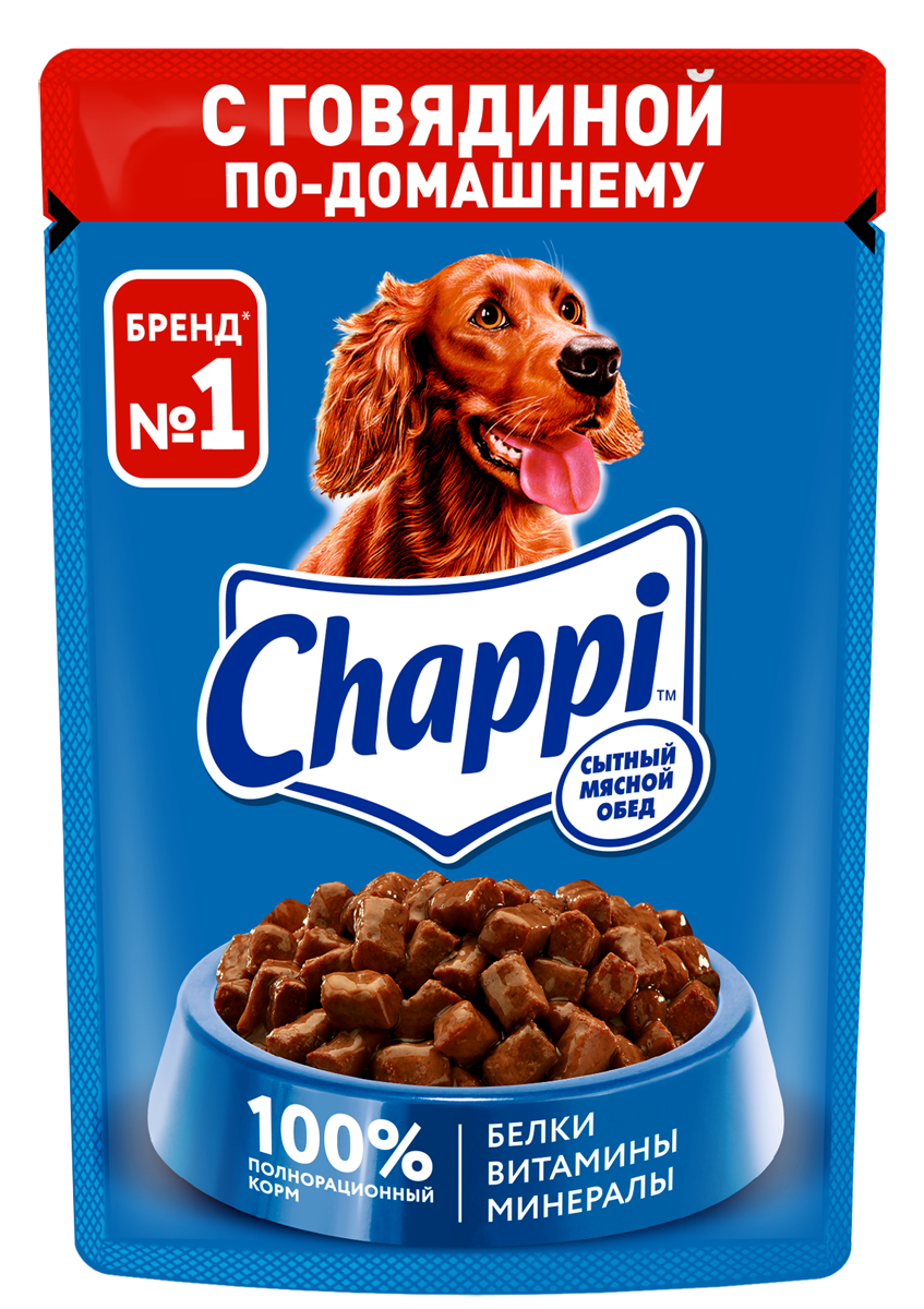 Chappi Сытный Мясной Обед, влажный корм для собак всех пород, говядина по-домашнему (28шт в уп) / 85 гр