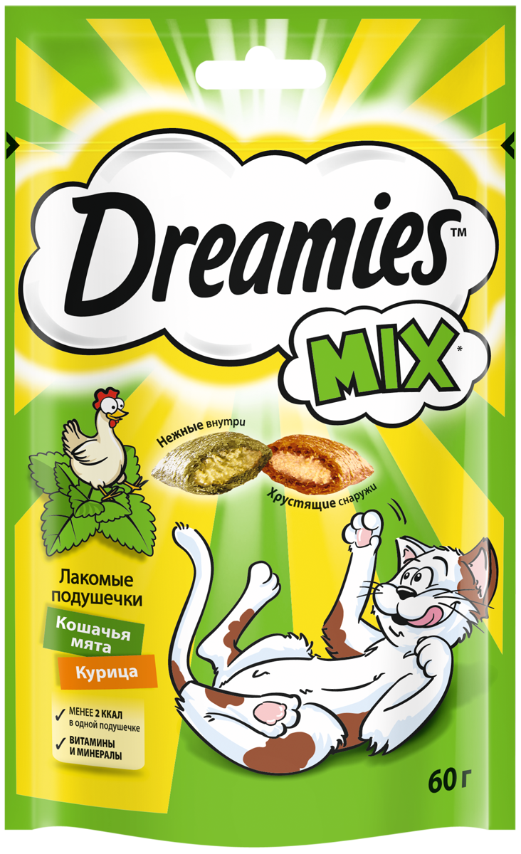 Dreamies лакомство для кошек, подушечки с курицей и кошачьей мятой (6шт в уп) / 60 гр