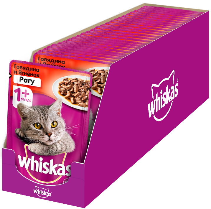 Whiskas влажный корм для взрослых кошек всех пород, рагу с говядиной и ягненком (24шт в уп) (85 гр)