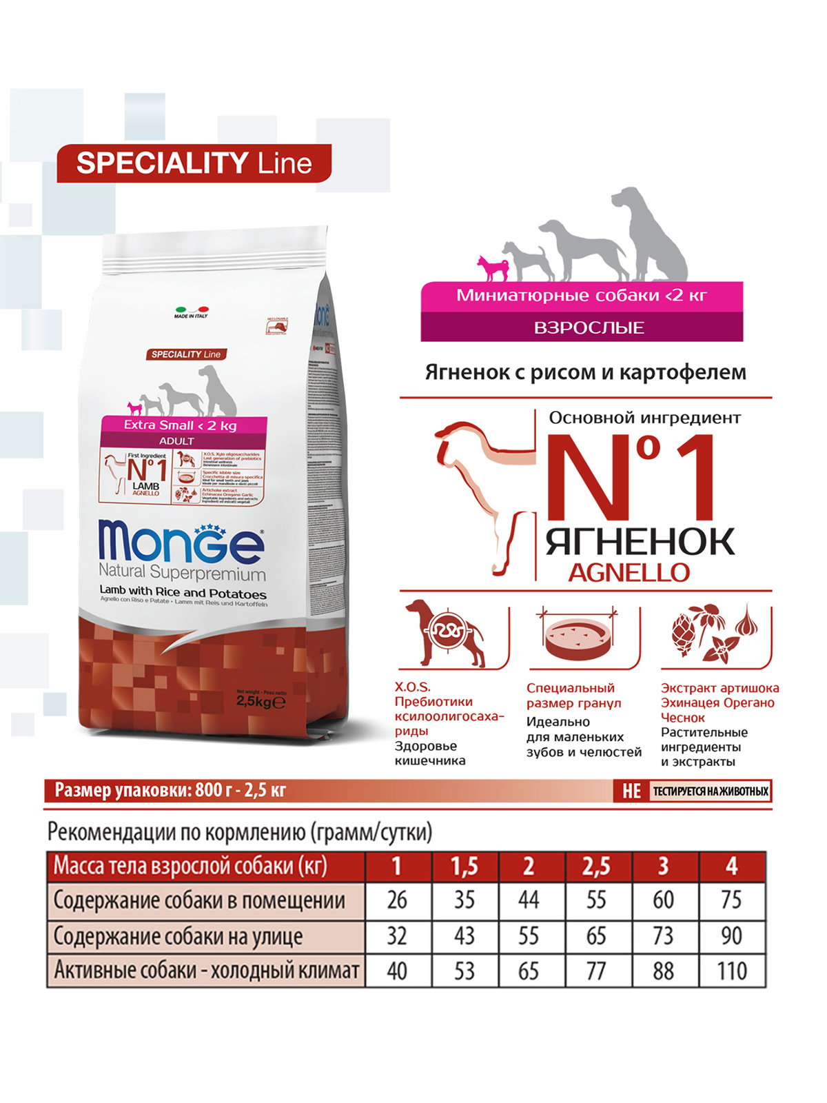 Monge Dog Speciality Extra Small корм для взрослых собак миниатюрных пород ягненок, рис и картофель / 800 гр