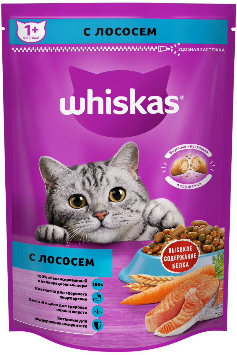 Whiskas корм для взрослых кошек всех пород, подушечки с паштетом из лосося / 350 гр
