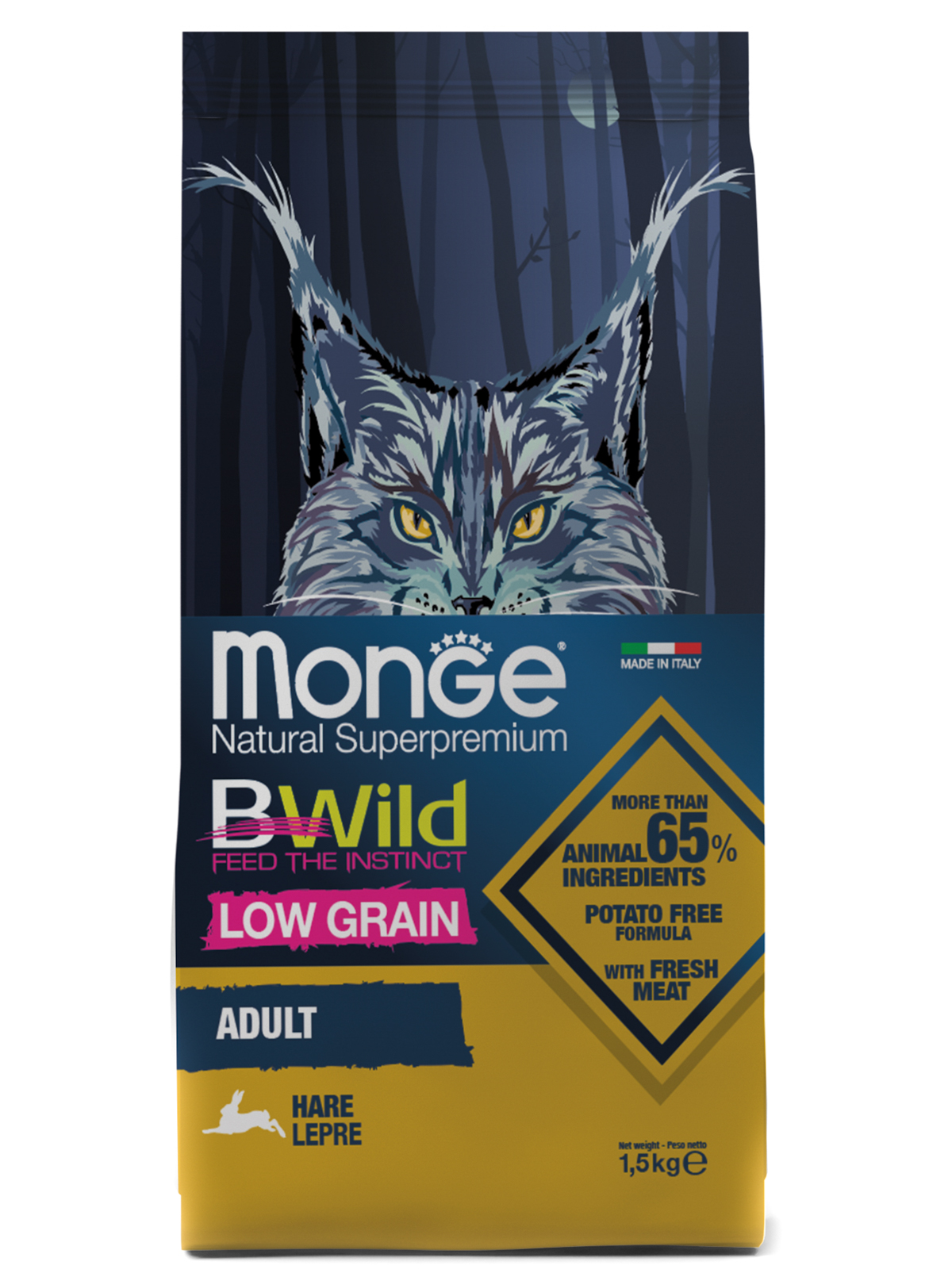 Monge Cat BWild Low Grain корм для взрослых кошек всех пород, низкозерновой, мясо зайца (1,5 кг)
