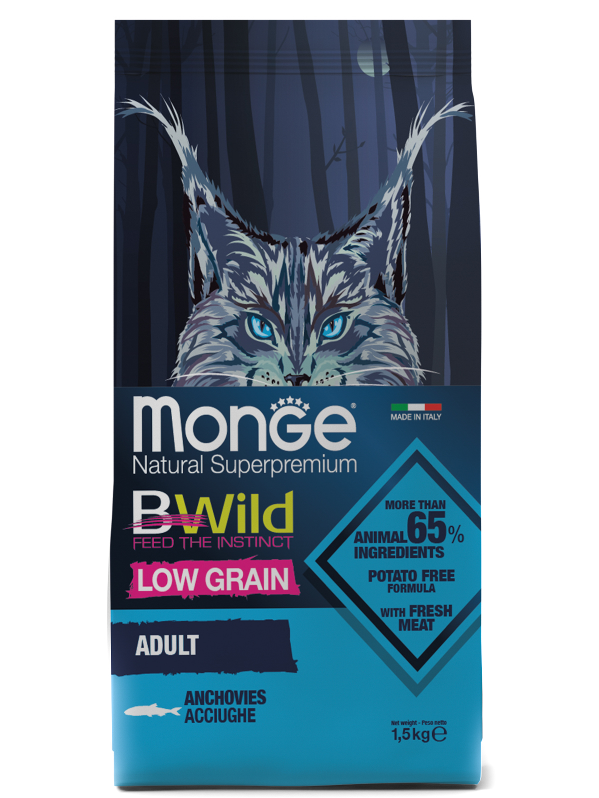 Monge Cat BWild Low Grain корм для взрослых кошек всех пород, с анчоусами (1,5 кг)