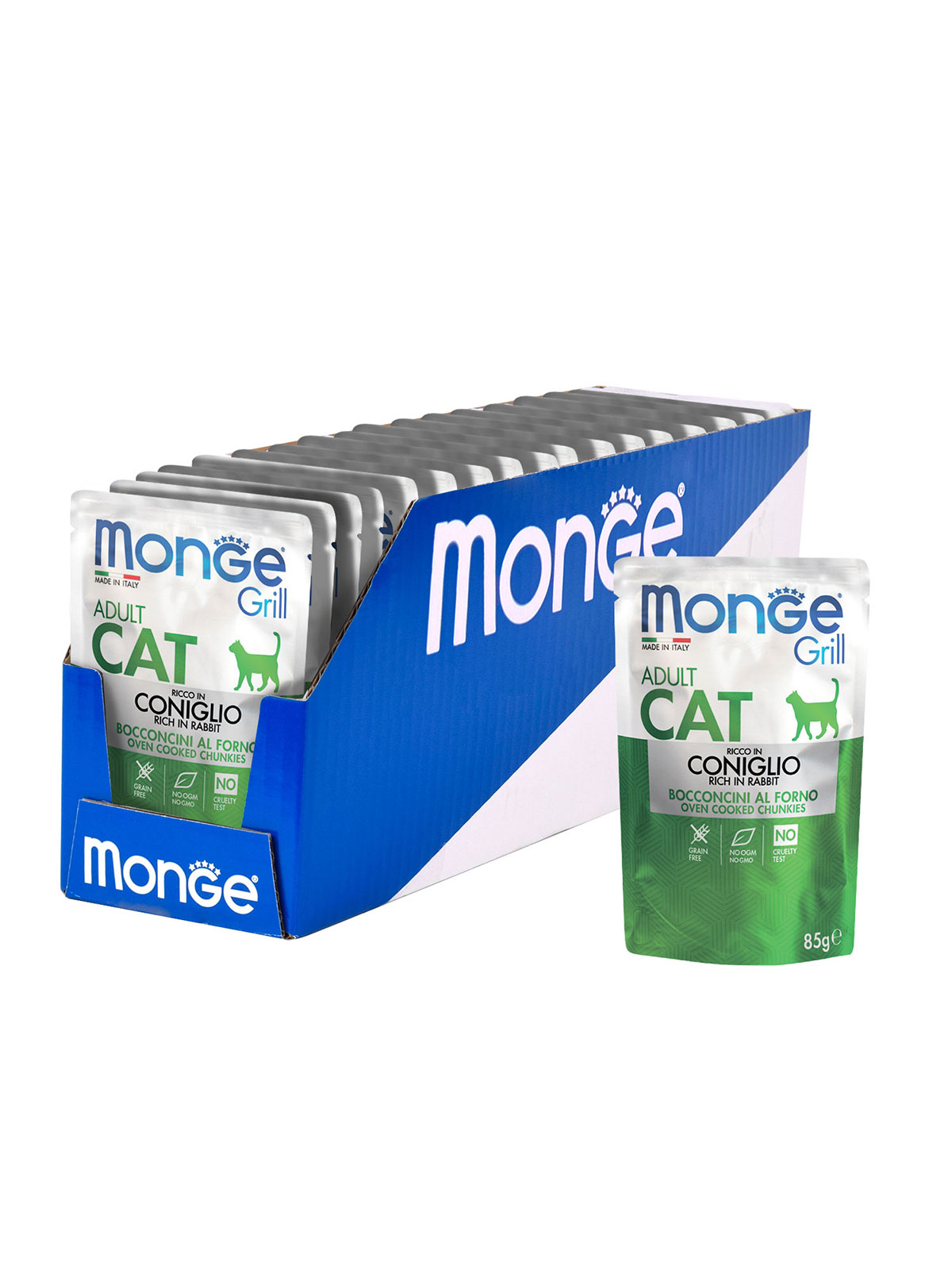 Monge Grill влажный корм для взрослых кошек всех пород, кусочки в желе, итальянский кролик / 85 гр