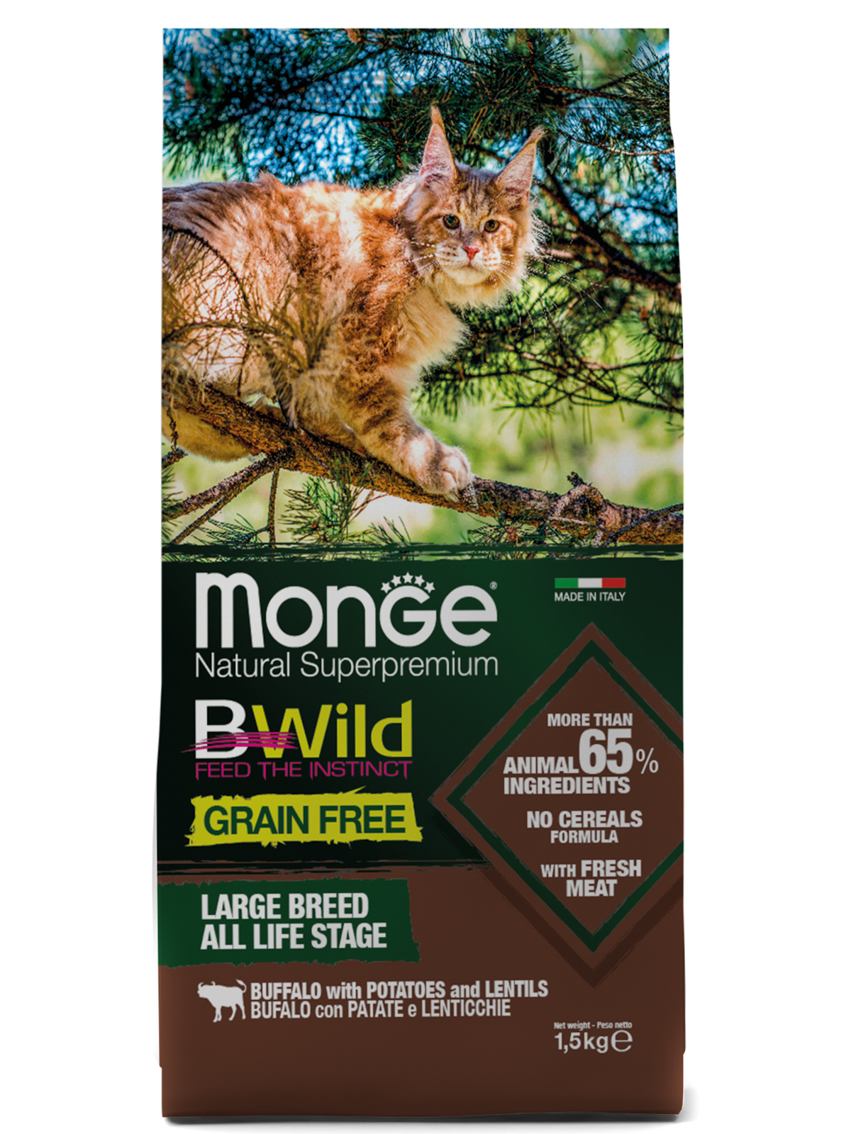 Monge Cat BWild Grain Free корм для взрослых кошек крупных пород, беззерновой, мясо буйвола (1,5 кг)