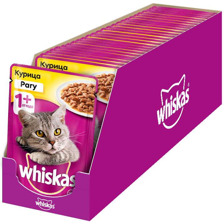Whiskas влажный корм для взрослых кошек всех пород, рагу с курицей (28 шт в уп) (85 гр)