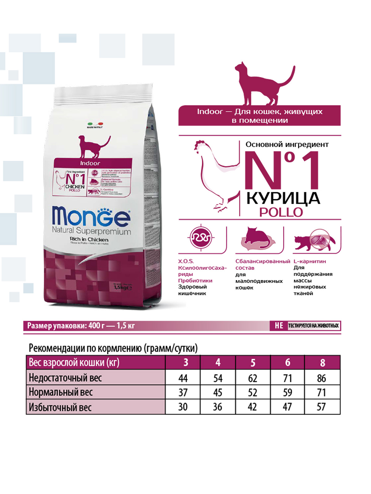 Monge Cat Indoor корм для кошек всех возрастов и пород, живущих в помещении, курица и рис / 400 гр
