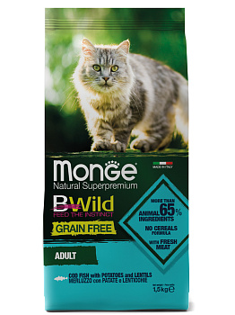 Monge Cat BWild GF корм для взрослых кошек всех пород, беззерновой, треска, картофель и чечевица