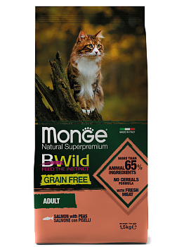 Monge Cat BWild Grain Free корм для взрослых кошек всех пород, беззерновой, лосось и горох