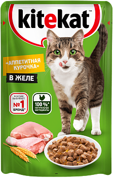 Kitekat влажный корм для взрослых кошек всех пород, курица в желе (28шт в уп)