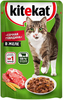 Kitekat влажный корм для взрослых кошек всех пород, говядина в желе (28шт в уп)