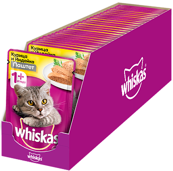 Whiskas влажный корм для взрослых кошек всех пород, мясной паштет из курицы с индейкой