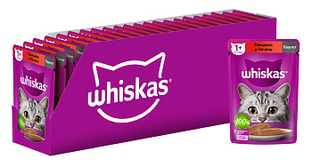 Whiskas влажный корм для кошек, паштет с говядиной и печенью (24шт в уп)