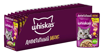 Whiskas влажный корм для кошек, аппетитный микс из утки и курицы в сырном соусе (28шт в уп)