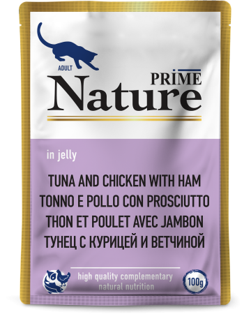 137.6.5323    PRIME NATURE пауч 100гр в желе Тунец с курицей и ветчиной дкошек (уп24)