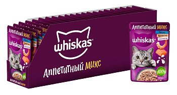 Whiskas влажный корм для кошек, аппетитный микс из лосося и креветки в сливочном соусе (28шт в уп)