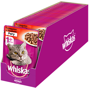Whiskas влажный корм для взрослых кошек всех пород, рагу с говядиной и ягненком (24шт в уп)