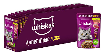 Whiskas влажный корм для кошек, аппетитный микс с уткой и печенью в мясном соусе (28шт в уп)