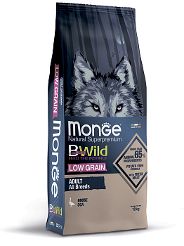 Monge Dog BWild Low Grain корм для взрослых собак всех пород, низкозерновой, мясо гуся