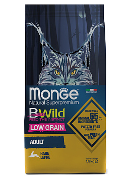 Monge Cat BWild Low Grain корм для взрослых кошек всех пород, низкозерновой, мясо зайца