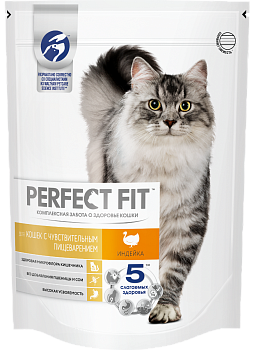 Perfect Fit корм для взрослых кошек всех пород, чувствительное пищеварение, индейка