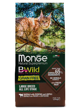 Monge Cat BWild Grain Free корм для взрослых кошек крупных пород, беззерновой, мясо буйвола